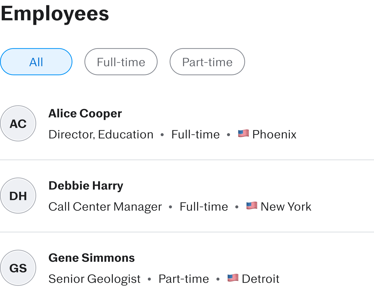 A simple example of segmented controls, segmenting a list of employees by full-time, part-time, or all