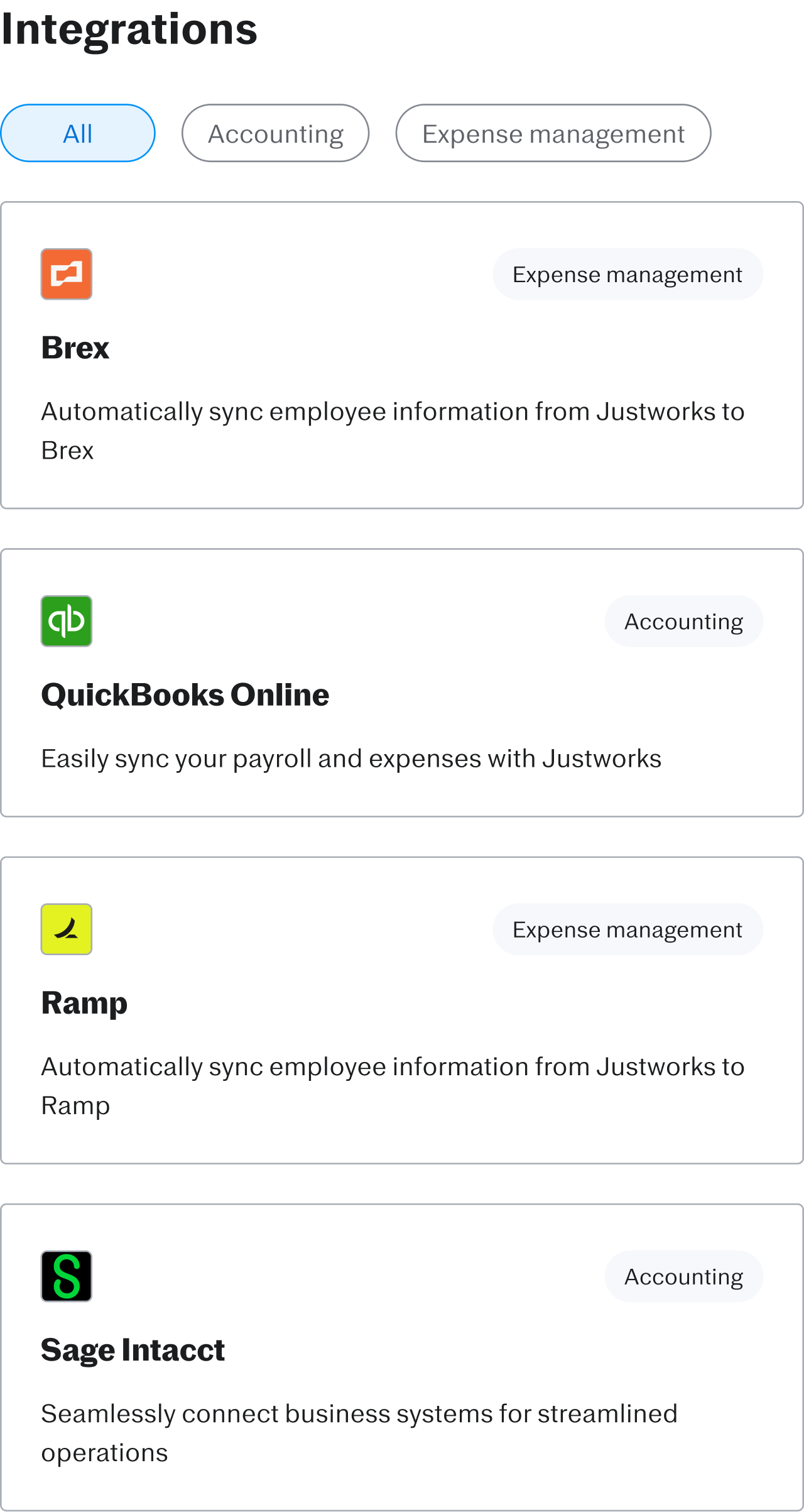A visually more complex example of segmented controls, segmented a card-based list of integrations by type