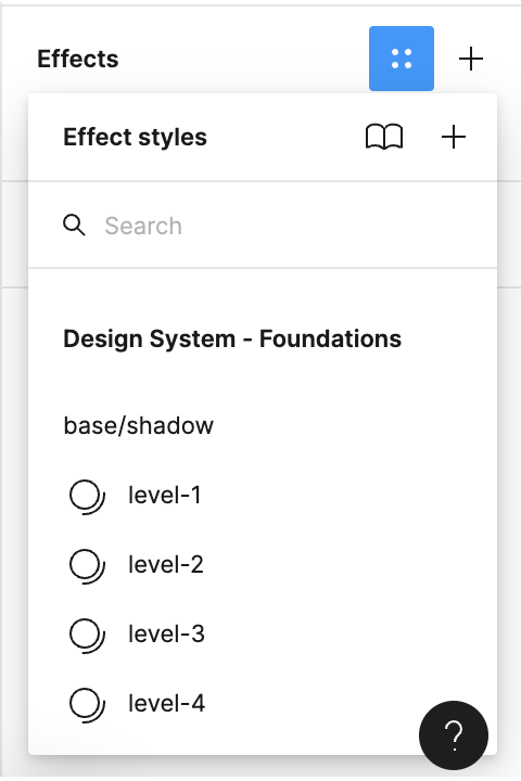 The Shared Styles panel, under the Effects panel, in Figma, showing our design system's shadow options